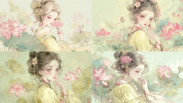 18 year old girl, national style, black bun, yellow hanfu, delicate and beautiful face, lancet eyebrows, red lips, catching fish in the lotus pond, lively and moving, ambient light, 4k, bright and warm.