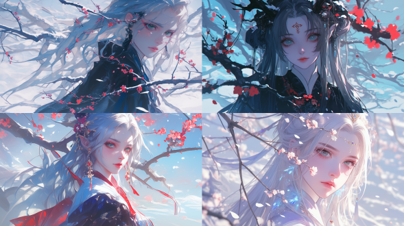 china, youth, delicate face, green eyes, silver long hair, black transparent silk hanfu, demon king, national style, portraits, light and shadow effects, bright colors, plum blossom forest, petals falling, snow scene, 4k, cg game style.