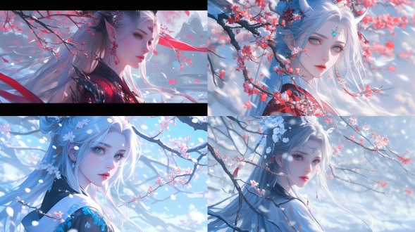 china, beautiful girl, delicate face, green eyes, silver long hair, black transparent silk hanfu, demon king, national wind, portraits, light and shadow effects, bright colors, plum blossom forest, petals falling, snow scene, 4k, cg game style.