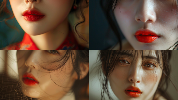 中国美女红唇部特写，双唇湿润，焦点锐利，自然光，室内，暖色调，微距镜头，柔和光线，静态，细节丰富，诱惑。