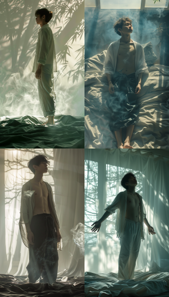 an 18 year old japanese boy stands stretched by the bed, tall and tall, dressed in zen clothing, standing barefoot on the ground, abs,light yarn material clothing, muji, top-down view, backlight, dreamy water vapor, chinese pine silhouette, japan, photography, studio, 8k,