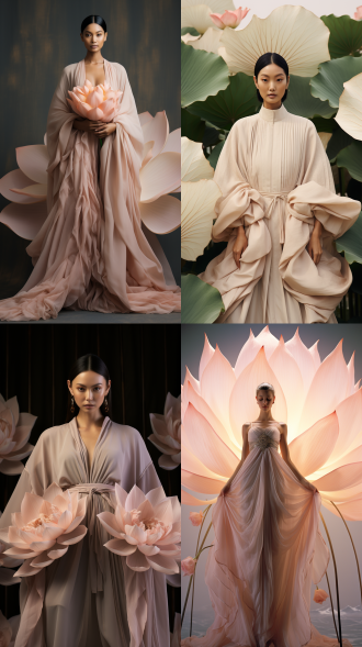 a beautiful asian woman in a dress with huge lotus flowers encircling her skirt, the asian woman is interspersed between the flowers, she is standing in front of a huge moon, sunny and softly lit, albert watson style, minimalist, elegant pale pink