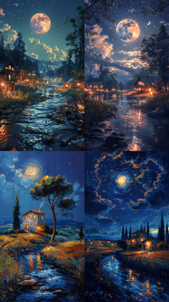 田野，溪流，房屋，家乡，灯光，夜景，月光，星空，梵高画风格，环境明亮，简约自然，全景视角，8k，高分辨率，高清质量 象牙白