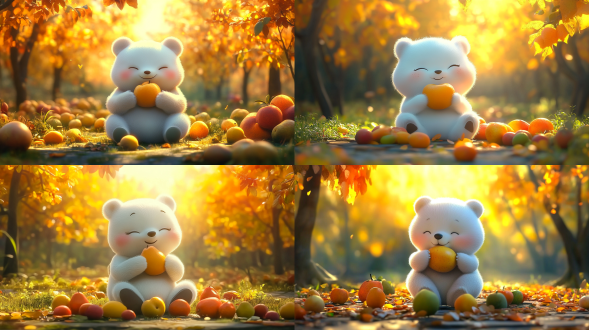 拟人化白色小熊低头吃水果，居中构图，卡通场景，明亮色彩，柔光，低饱和度，全景镜头，模样可爱，慈祥神情，身后果园，身下散落着各种新鲜水果 。 动画艺术 数码绘画 农田 果园 侧身 功夫 多姿势角色 微笑 开心 甜蜜
