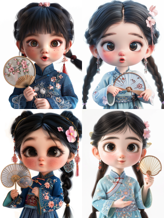 a super cute little girl with big eyes and long eyelashes, blow a kiss for the camera , wearing an embroidered blue dress and holding a fan-shaped mirror in her hand, super cute expression,chubby cheeks, long black hair tied into two braids, pink flower earrings on her ear. the focus is on her face ,cartoon style, chinese painting. white background, 3d rendering.,,in clothes