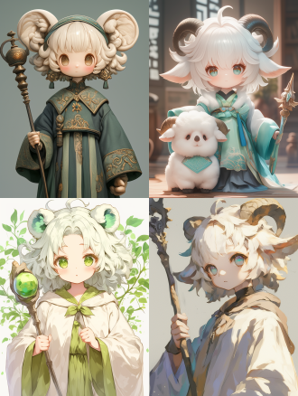 tide play, green theme, doll personality traits and accessories according to mbti personality, make an infjtrendy toy plush toy, cartoon face made of silicone, the body of a plush toy, short white hair, white goat huzi, round eyes, dense black silhouette, simple nose, simple mouth, minimalist facial features, the body is the plush body of the toy koala, wearing a robe, lovely, holds a staff in the shape of lightning, quiet and mysterious, an inspiring and tireless idealist at the same time, indicates the mbti personality type infj, diplomat, advocates, creating a simple yet captivating style. this sticker perfectly captures personality using vibrant colors and adorable elements, high definition, oc, c4d, 3d, blind box toy style, rococo style, bauhaus, god rays, high quality