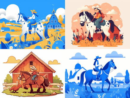 a cute cartoon ip image dressed in blue denim icon,riding on a horse, with a barn behind it，denim blue light blue, cowboy hat,illustration,white background，(minimalism illustration), bold lines, in the style of keith haring, mixed patterns, text and emoji installations 8k