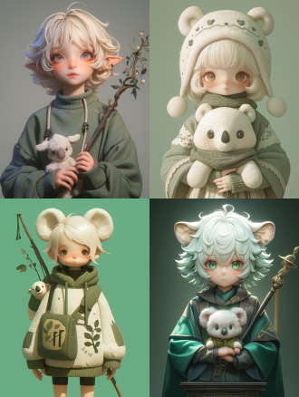 tide play, green theme, doll personality traits and accessories according to mbti personality, make an infjtrendy toy plush toy, cartoon face made of silicone, the body of a plush toy, short white hair, white goat huzi, round eyes, dense black silhouette, simple nose, simple mouth, minimalist facial features, the body is the plush body of the toy koala, wearing a robe, lovely, holds a staff in the shape of lightning, quiet and mysterious, an inspiring and tireless idealist at the same time, indicates the mbti personality type infj, diplomat, advocates, creating a simple yet captivating style. this sticker perfectly captures personality using vibrant colors and adorable elements, high definition, oc, c4d, 3d, blind box toy style, rococo style, bauhaus, god rays, high quality