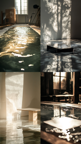 parallel perspective, photo studio setup, with a water-covered table as the foreground, glass paper reflects light and shadow, atmospheric, natural