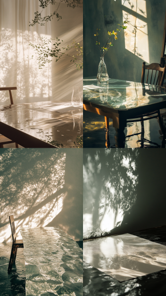 parallel perspective, photo studio setup, with a water-covered table as the foreground, glass paper reflects light and shadow, atmospheric, natural