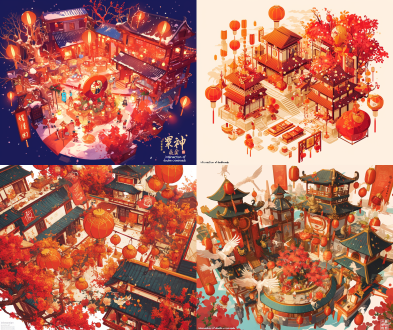 ("intersection of double crossroads"),new year atmosphere, festive, ancient attic, hanging lanterns,red and gold tones, magnificent, super complex details, bird's-eye view, top-down view, ultra wide angle, red flowers and trees，welcoming the new year，spring festival couplets， sticker style, miniature landscape, vector illustration, chinese style,of old beijing, ancient architecture, city, freehand, 2.5d ultra-flat game material icon set design