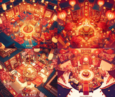 ("intersection of double crossroads"),new year atmosphere, festive, ancient attic, hanging lanterns,red and gold tones, magnificent, super complex details, bird's-eye view, top-down view, ultra wide angle, red flowers and trees，welcoming the new year，spring festival couplets，sticker style, vector illustration, chinese style,of old beijing, ancient architecture, city, freehand, 2.5d ultra-flat game material icon set design
