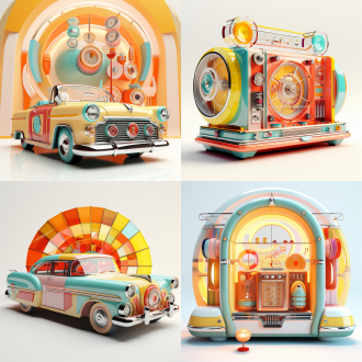 3d model with vintage and retro-style decoration, featuring a triadic color scheme as the primary color palette. the design includes multiple dazzling acrylic background panels seamlessly pieced together. presented in a c4d visual rendering with a vibrant and dynamic feel, showcasing wide-angle lens perspective, skillful lighting effects, and front-facing illumination against a clean white backdrop.