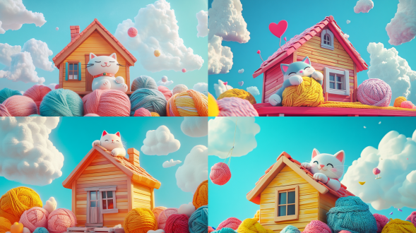 pure color background,on the roof of the cartoon wooden house lies a giant three-dimensional sculpture of a cat,its cat paws scratching at a giant ball of yarn below,beautiful display installations, empty,vibrant and beautiful