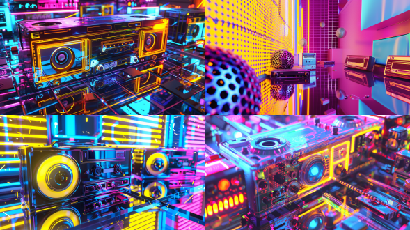 a 3d rendering gallery, c4d rendering,background geometric explosion patterns in fluorescent yellow and electric blue, pixelated grid textures, retro cassette tapes and boombox models scattered on mirrored acrylic surfaces,uv blacklight effects with disco ball reflections,dynamic light beams in cyan and magenta,graffiti-style '80s pop art posters, chrome-plated edges, matte pastel plastic panels with vent grids, holographic sticker explosions,low-angle macro view emphasizing layered depth, retro-futurism with cyberpunk accents, synthwave color palette,teal,orange,purple gradients, vhs tape glitch effects on screens
