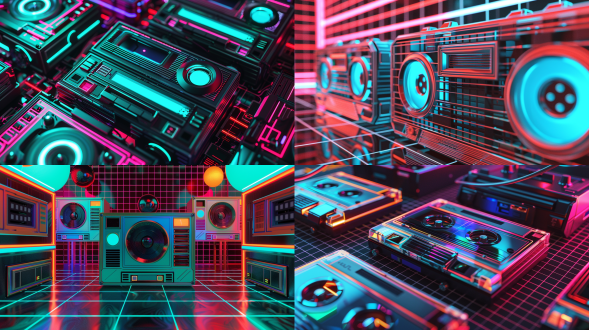 a 3d rendering gallery, black background pixelated grid textures, retro cassette tapes and boombox models ,uv blacklight effects with disco ball reflections,graffiti-style '80s pop art posters, chrome-plated edges, matte pastel plastic panels with vent grids, low-angle macro view emphasizing layered depth,retro-futurism,synthwave color palette,teal,orange