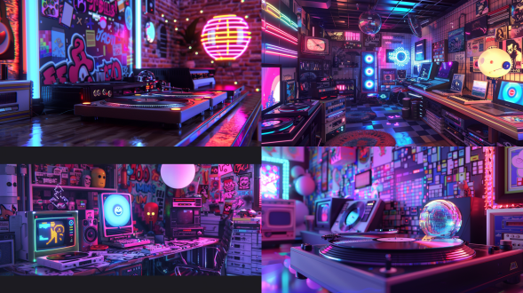 a 3d rendering gallery, miniature desktop display, rotating vinyl turntable, arcade buttons,1980s retro-futurism, synthwave, vhs glitch, pixel art,mirrored acrylic + matte plastic + chrome metal,uv blacklight, rotating disco ball,cassette tape labels with 8-bit fonts, hidden pac-man ghosts in graffiti