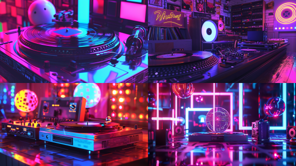 a 3d rendering gallery, miniature desktop display, rotating vinyl turntable, arcade buttons,1980s retro-futurism, synthwave, vhs glitch, pixel art,mirrored acrylic + matte plastic + chrome metal,uv blacklight, rotating disco ball,cassette tape labels with 8-bit fonts, hidden pac-man ghosts in graffiti