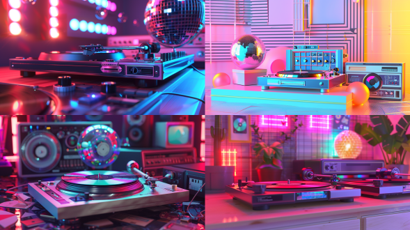 a 3d rendering gallery, miniature desktop display, rotating vinyl turntable, arcade buttons,1980s retro-futurism, pixel art,mirrored acrylic, matte plastic,chrome metal,rotating disco ball,cassette tape labels with 8-bit fonts,