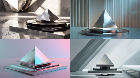 a 3d rendering gallery, geometric pyramid platform with asymmetric tiers,matte brushed metal base vs，iridescent mirror surface on product stage，nod to 80s tech，miniature vinyl record as rotating base with radial grooves，soft studio lighting with metallic specular highlights, cool gray gradient shadows, ambient occlusion depth，background gray，patterns in low opacity，bauhaus meets retro-futurism, muted synthwave palette，(steel/silver/gunmetal), clean negative space