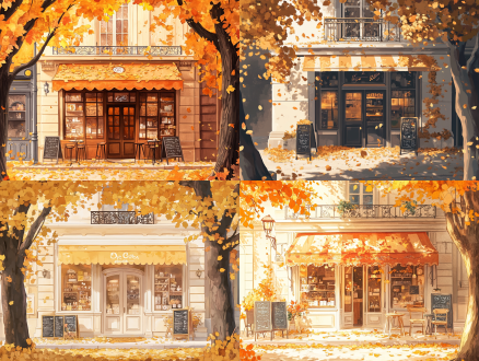 a charming parisian café with autumn leaves, in an anime-inspired illustration style, in the style of hayao miyazaki and atey ghailan. the building is adorned with golden fallen leaves that create a warm atmosphere around the coffee shop's front door, surrounded by elegant trees,it features soft pastel colors and intricate details of leaf textures , surrounded by autumn leaves and bathed in golden sunlight. in the style of japanese anime, a watercolor painting depicts the scene in front of the coffee shop