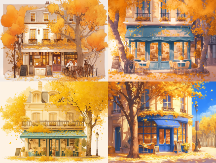 a charming parisian café with autumn leaves, in an anime-inspired illustration style, in the style of hayao miyazaki and atey ghailan. the building is adorned with golden fallen leaves that create a warm atmosphere around the coffee shop's front door, surrounded by elegant trees,it features soft pastel colors and intricate details of leaf textures , surrounded by autumn leaves and bathed in golden sunlight. in the style of japanese anime, a watercolor painting depicts the scene in front of the coffee shop