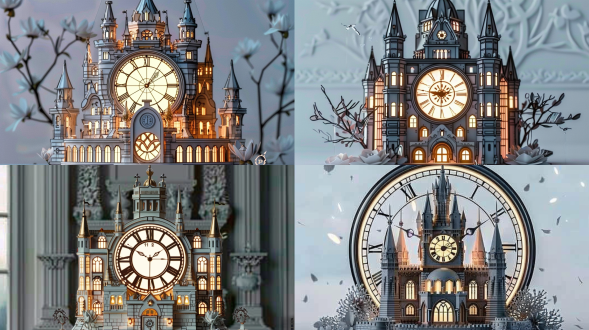 a desktop acrylic display integrates a clock dial and architecture, with some magnolia elements around it. the castle windows can emit light. mystic style, acrylic handicrafts