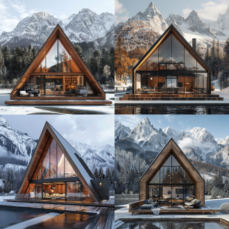 modern wooden house, triangular roof, large glass windows, background of snow-capped mountains, forests and lakes, snow scene, cold atmosphere, wooden interior, modern furniture, panoramic camera, natural light, tranquility