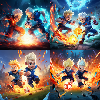 create an image of two animated soccer players executing a combined super technique. the first player is tall, with spiky white hair, wearing a blue soccer uniform and has a fiery aura about him. the second player has a neat blonde hair, wears a red uniform equipped with long sleeve. this scene takes place on a soccer field, with animated flames and energy releasing from their feet as they execute the technique.