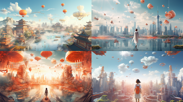 未来国风城市，高楼林立，传统与现代融合，空中飘扬着中国结和灯笼，科技感十足的飞行器穿梭其中，人物穿着结合汉服与未来元素的服饰，面带微笑，自信前行。高分辨率，超现实主义，城市景观，长焦镜头，柔和自然光，动态模糊，和谐色彩，乐观情绪。