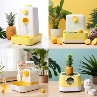 农垦徐闻菠萝多功能智能宠物饮水机，方形外观，白色与黄色搭配，现代风格，塑料pc abs材质，室内外适用，大容量，小猫喝水，正面视角，柔和光线，自然光，广角镜头，细节清晰，温馨氛围，创意设计，现代科技，宠物友好，简洁线条，明亮色彩，舒适环境，智能功能，环保材料，家庭场景，宁静时刻，关爱宠物，创新产品。