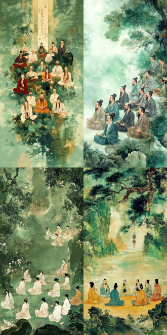 许多道士一起打坐，宋代工笔画，对比配色，透视构图，绿色背景，中国风，中国敦煌壁画风格，透视插画，动态pose，工笔画质感，对比配色，高画质，超细节，超高清32k uhd