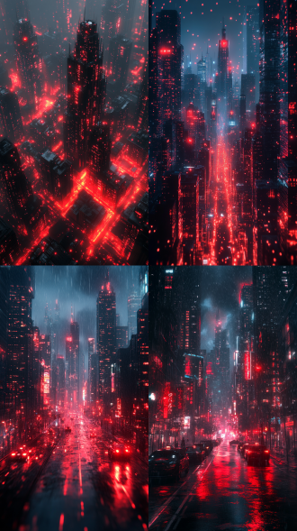 赛博朋克城市前景，黑色调，暗红色灯光，长焦镜头背景虚化，冷色调，宁静。 虚幻引擎 创风格 赛博空间 氛围感照明 黑光 量子点