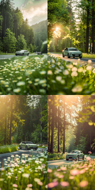 绿色出行主题，前景花草虚化，背景森林密布，顶部光影斑驳，车辆在路面上，保持参考图车辆位置不变，长焦效果，定焦效果，大景深