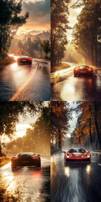 雨过天晴，高性能跑车在路上疾驰，阳光斑驳，自然景观壮阔，温馨色调