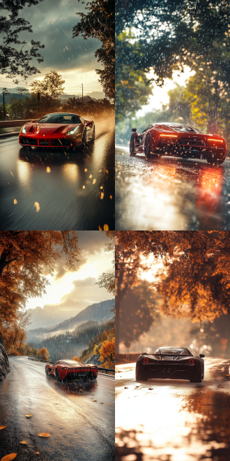 雨过天晴，高性能跑车在路上疾驰，阳光斑驳，自然景观壮阔，温馨色调