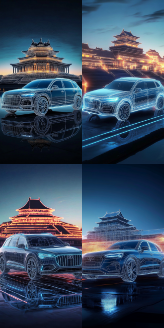 线框图是红旗轿车图纸全息图，工业风格，细节丰富，透视构图，发光的霓虹蓝色线条，设计展示了详细的布达拉宫和特征，深色背景，高清晰度，高清图，16k