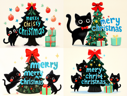 趣味绘本，写意，手绘，水彩，极简，一只极小的胖乎乎的黑色可爱猫咪，站立姿态，侧身抱着一棵巨大的完全由“merry christmas”蓝色和绿色的字母勾勒而成的圣诞树树杆，树顶扎着红色蝴蝶结，另一只极小的胖乎乎的黑色猫咪坐在淡绿色的礼品盒上，白色背景，适当留白