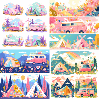 快乐出行露营手绘插画，三分法构图，明亮粉彩，卡通风格，平光，粉色车行驶、搭帐篷场景，花、星、风车等元素，欢快。
