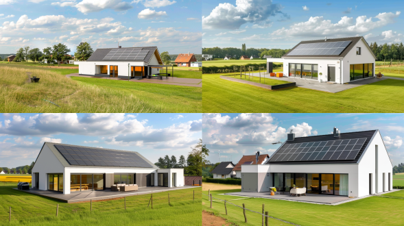 欧式独栋别墅，背后大草原，别墅装有光伏储能系统，蓝天白云，真实细节，8k画质，全景平视