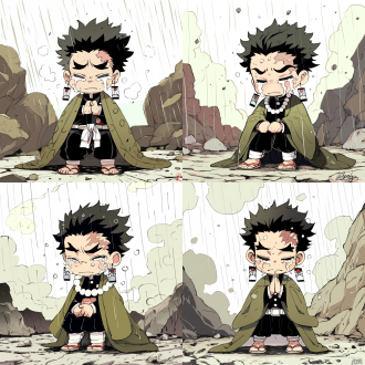 悲鸣屿行冥静坐冥想，岩石背景，庄严宁静，宽袍大袖，面带慈悲，泪痕清晰，32k高清，自然光，广角镜头，细节丰富，岩石质感，深色调，平和氛围。