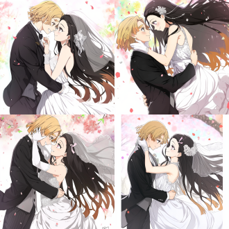 我妻善逸和弥豆子婚礼照，浪漫氛围，传统和现代结合，善逸穿着黑色和服，弥豆子穿着白色婚纱，微笑对视，樱花背景，细腻光影，广角镜头，自然光，慢快门，温馨，粉色和白色调，幸福情感。