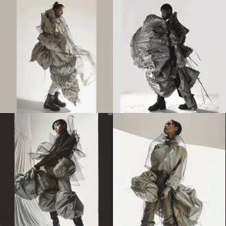 模特全身照，先锋服装设计，堆叠感皱褶，对角线构图，冷色调，广角镜头，顶光，静态，压抑。