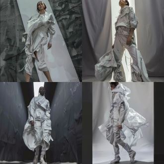 模特全身照，先锋服装设计，服装细节清晰，堆叠感皱褶，对角线构图，冷色调，广角镜头，顶光，沉重，静态，压抑。