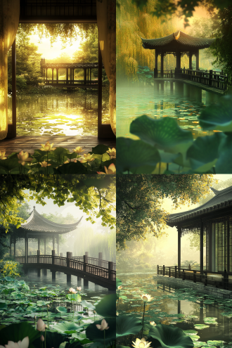 书斋睡莲池塘，乌木长桥通水榭，对角线构图，暖黄与翠绿，柔光，长焦镜头，微风帘动，唯美朦胧，高画质。