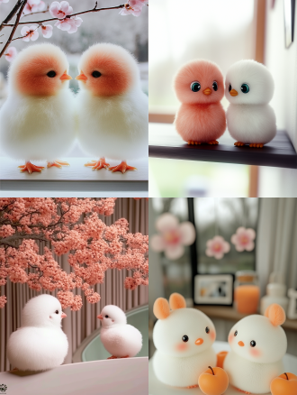 两只像桃子的肥胖鸡宝宝，站在墙台上看远方，互动，白色和粉色，桃花，童真表情，蓬松感，柔软细腻，干净的背景，最佳质量，8k