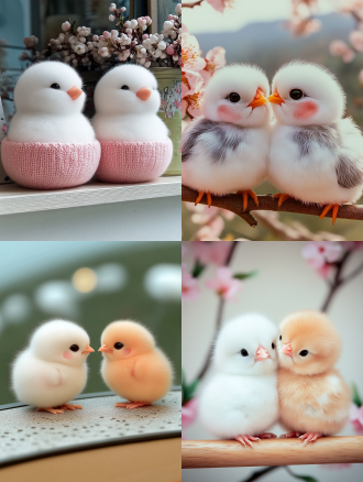 两只像桃子的肥胖鸡宝宝，站在墙台上看远方，互动，白色和粉色，桃花，童真表情，蓬松感，柔软细腻，干净的背景，最佳质量，8k