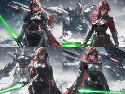 美丽战士，紧身战斗服，高挑纤细，沙漏身材，修长四肢，科幻盔甲，充满能量，高清质感，细节丰富，黑丝美人，手持光剑，站在高达背后，透视效果，壮观场景，科幻风格，长裙飘扬，英勇有力，广角镜头，高对比度，冷色温，侧光，动态模糊，未来感，强大气场，中国美女，半机械战斗盔甲，白色主题，白皙肌肤，丰满，细节逼真，短发，赛博朋克，优雅姿态，女战士，8k，全景，超高清，精致面容，精致妆容，长腿，科幻风格，强光影，激烈动作，金属质感，冷色温，自信，全身照，穿着，9:16比例，放松，造型