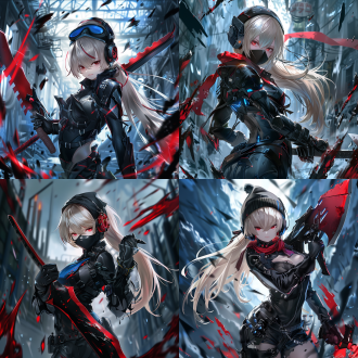 金发女孩，红眼，黑色战斗服，带帽棒球帽，宽边护目镜，战术面罩，遮脸，战术手套，手持锯子，战术风格，反乌托邦环境，暗色调，高对比度，冷酷表情，战术耳机，生锈战术胸甲，护臂，裙甲，高级战术腰带，护膝，板甲靴，科幻，能量盾，动漫风格，2d艺术风格，电影级质量，电影色彩分级，高细节，战术风格，冷色调，金属质感，动态姿势，侧光，高对比度，广角镜头，战斗场景，紧张氛围