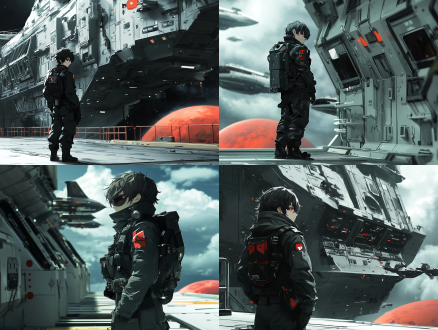 指挥甲板，孤独站立，宽广视角，太空港，宏伟壮观，无限延伸，多艘飞船穿梭，下方红色星球，未来科幻，宇宙探索，光影效果，蓝色调，细节丰富，震撼视觉，广角镜头，高对比度，侧光，快速快门，科技感，神秘感，震撼力。